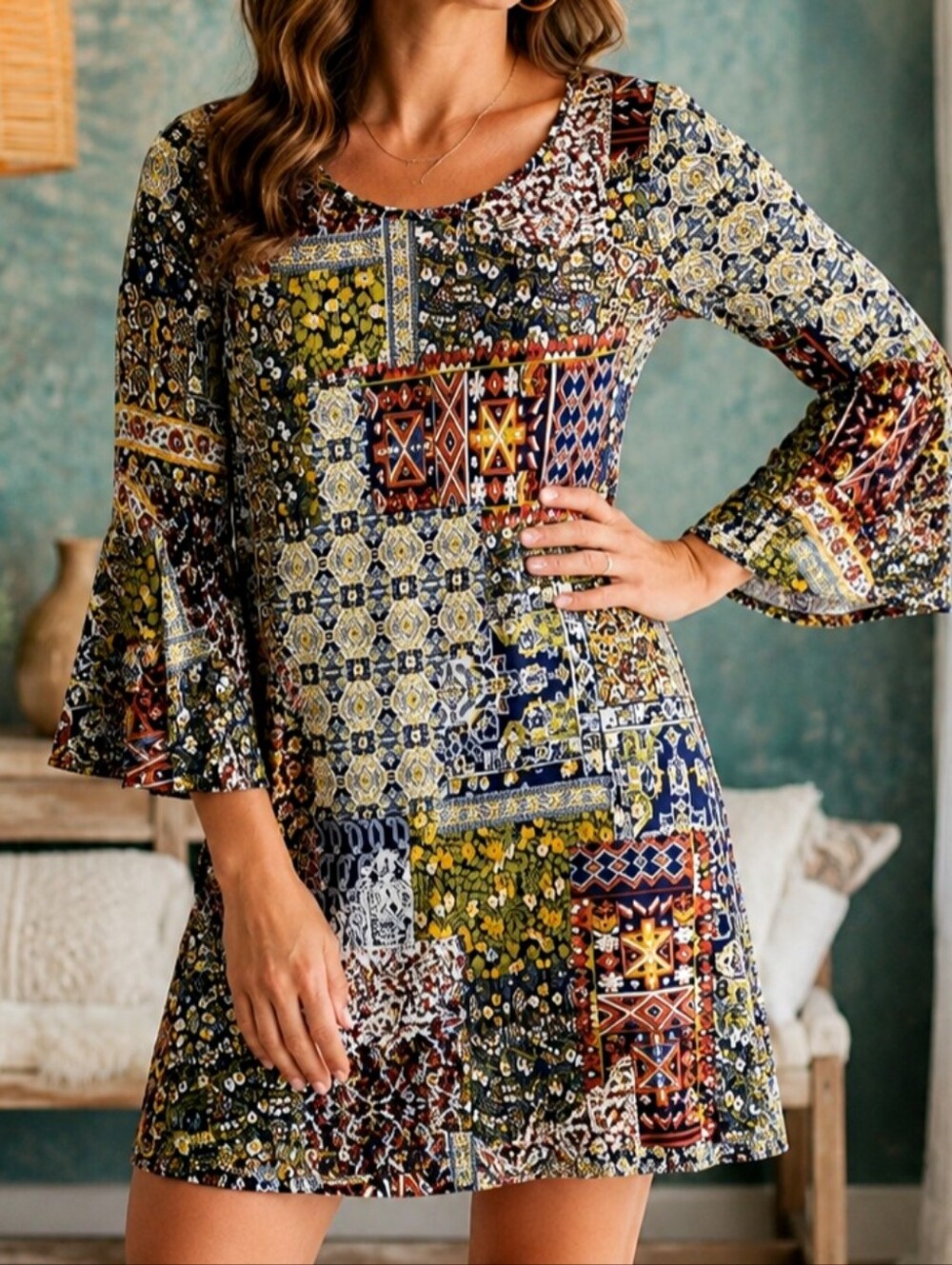 Haani Boho Patchwork Dress Womens M Blue Bell Slit Sleeves Retro Hippie Indie
